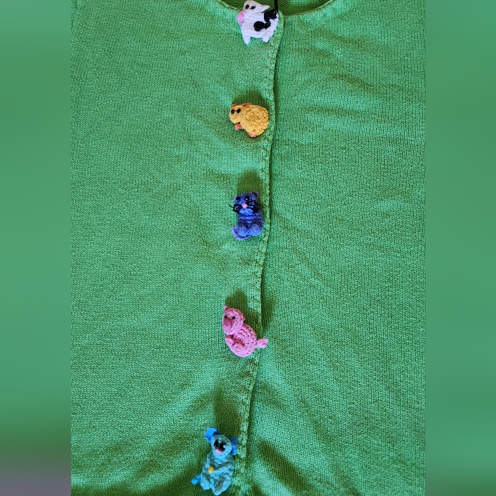 Vtg Michael Simon Kelly Green Cotton Farm Animals Cardigan Yarn Zoo Spring Med - Picture 3 of 8